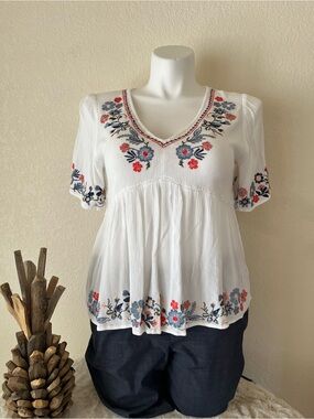 Embroidered White Peasant Blouse with Coral & Slate Floral Accents
